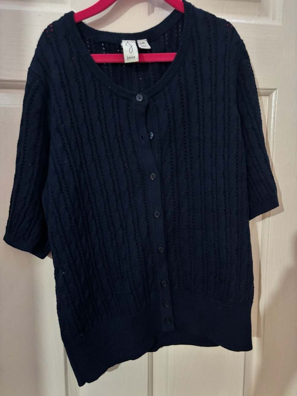 Joie Short Sleeve Cable Knit Pointelle Button Down Cardigan Blue Size L